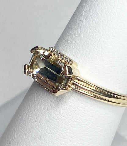 Light green Oregon Sunstone and diamond ring in 10k yellow gold.