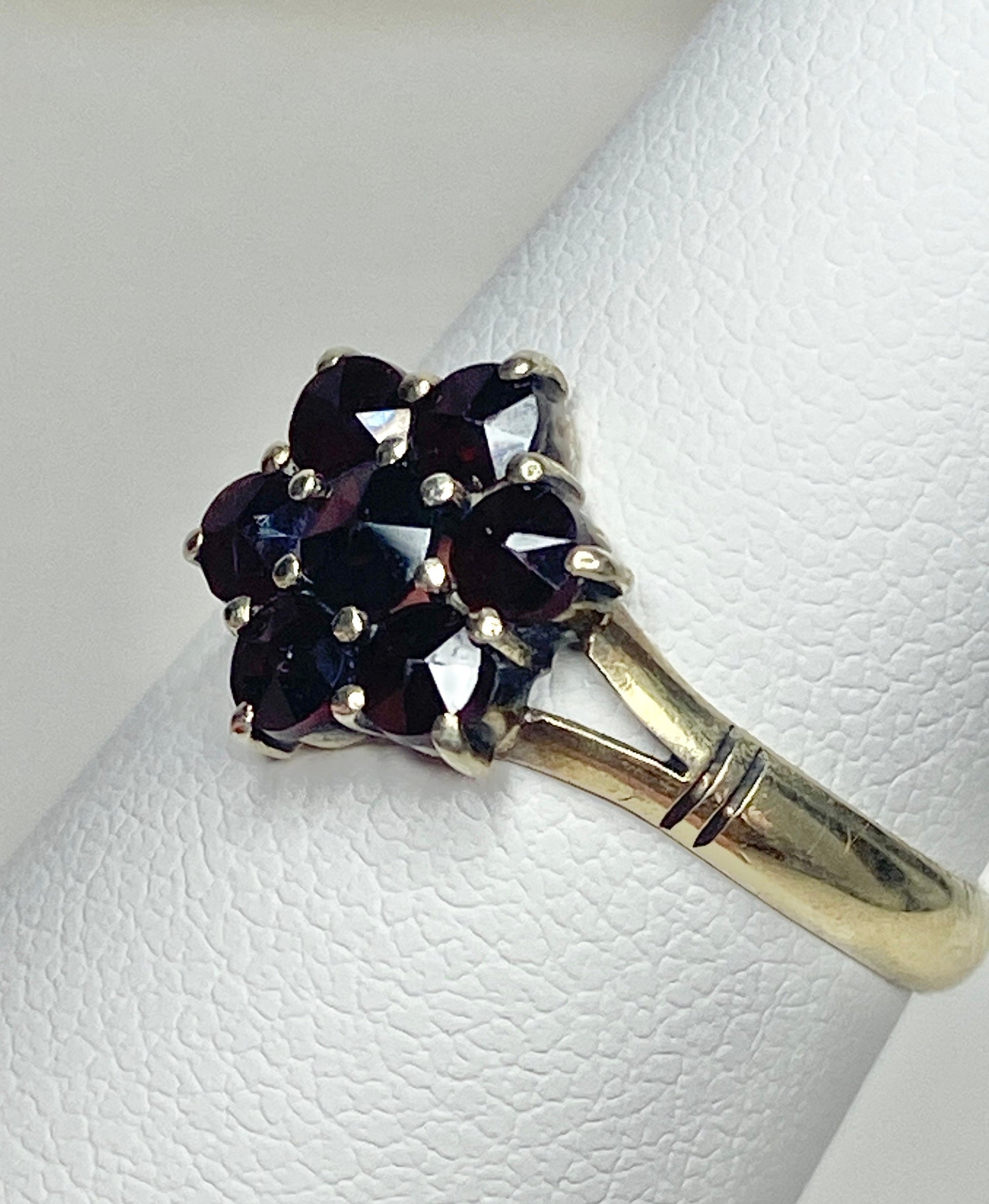 Bohemian rose cut garnet cluster daisy ring in solid 14k gold.