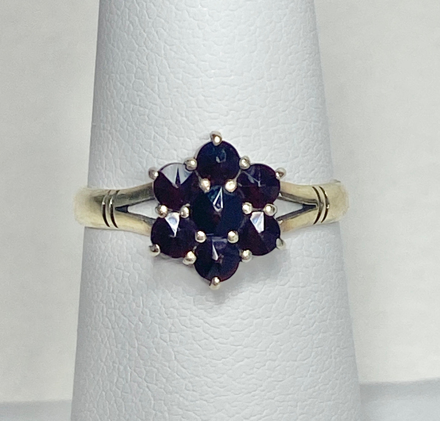 Bohemian rose cut garnet cluster daisy ring in solid 14k gold.