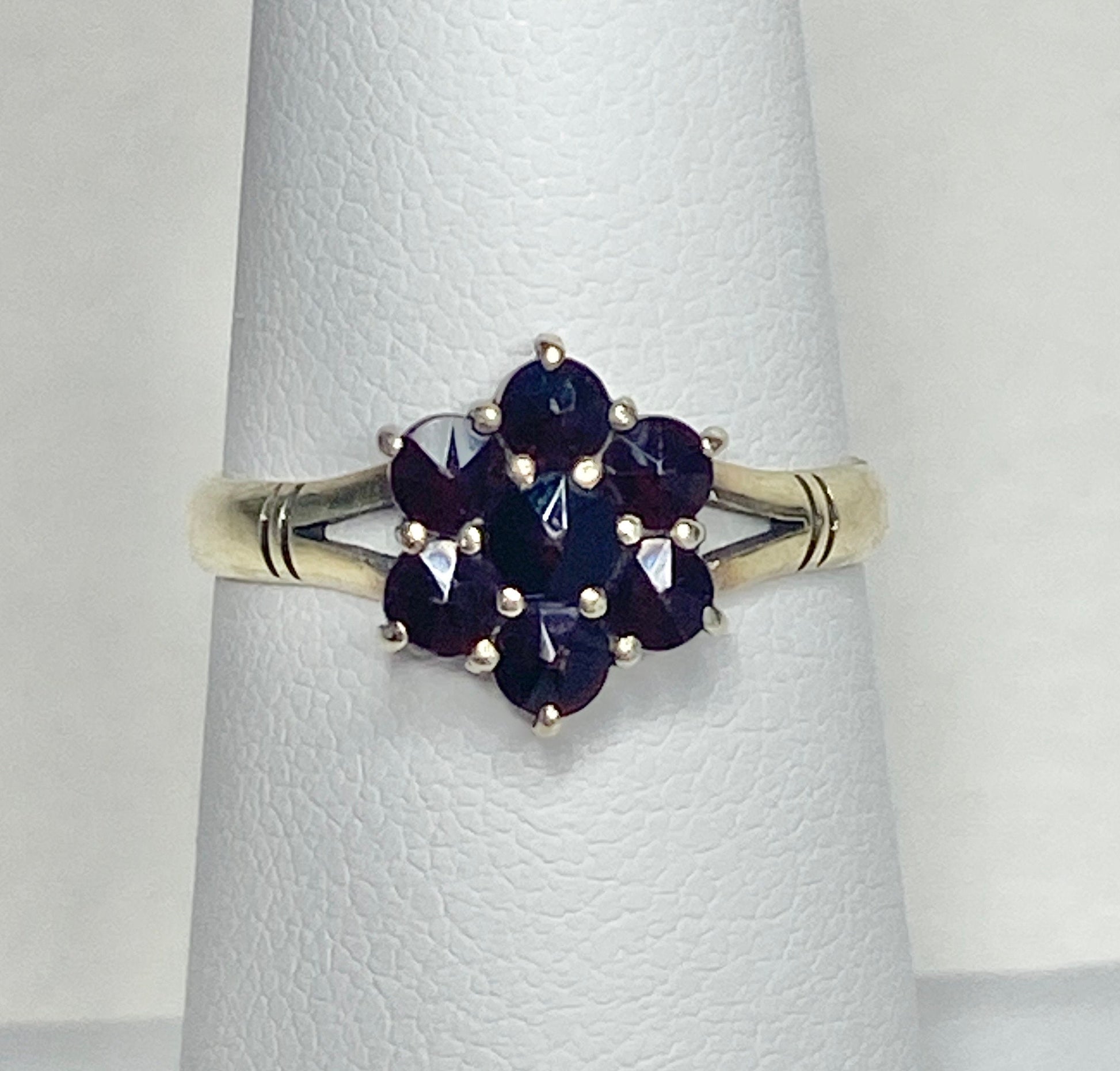 Bohemian rose cut garnet cluster daisy ring in solid 14k gold.
