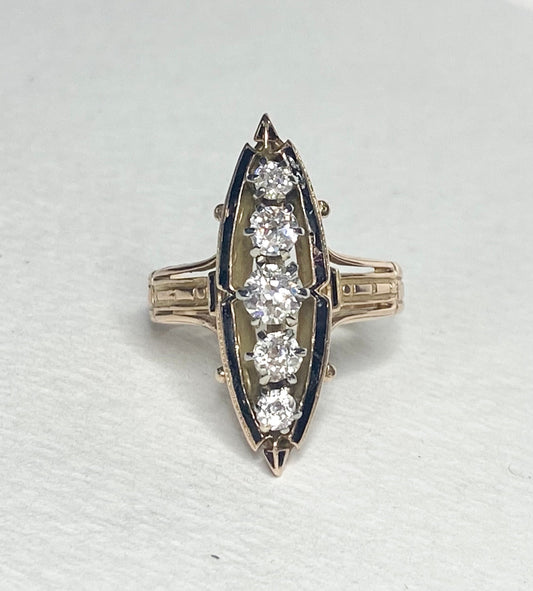 Antique Victorian navette ring with five old mine cut diamonds and black enamel.