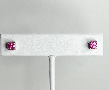 Purplish-pink rubellite tourmaline 5mm stud earrings in solid sterling silver.