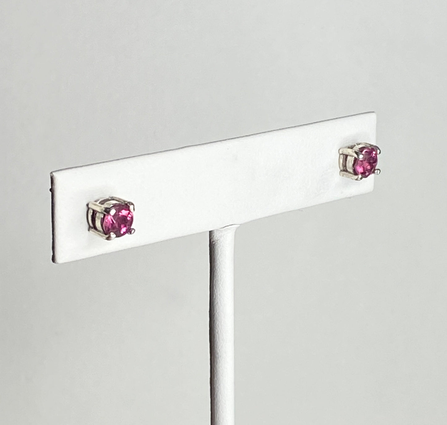 Purplish-pink rubellite tourmaline 5mm stud earrings in sterling silver.