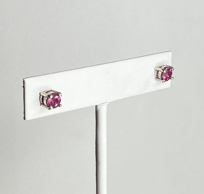 Purplish-pink rubellite tourmaline 5mm stud earrings in sterling silver.