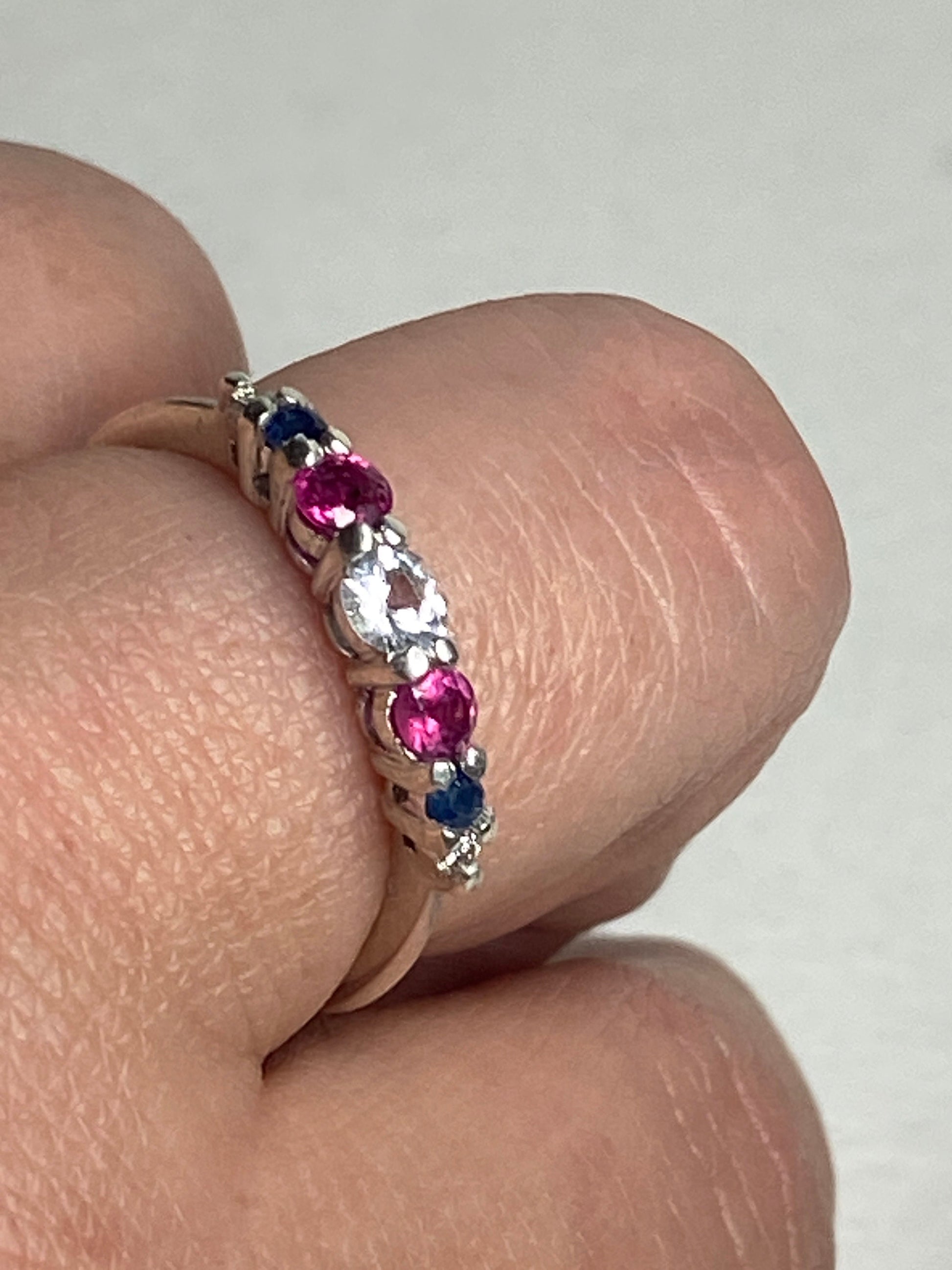 Patriotic sterling silver ring with sapphire, ruby, and diamond accents.