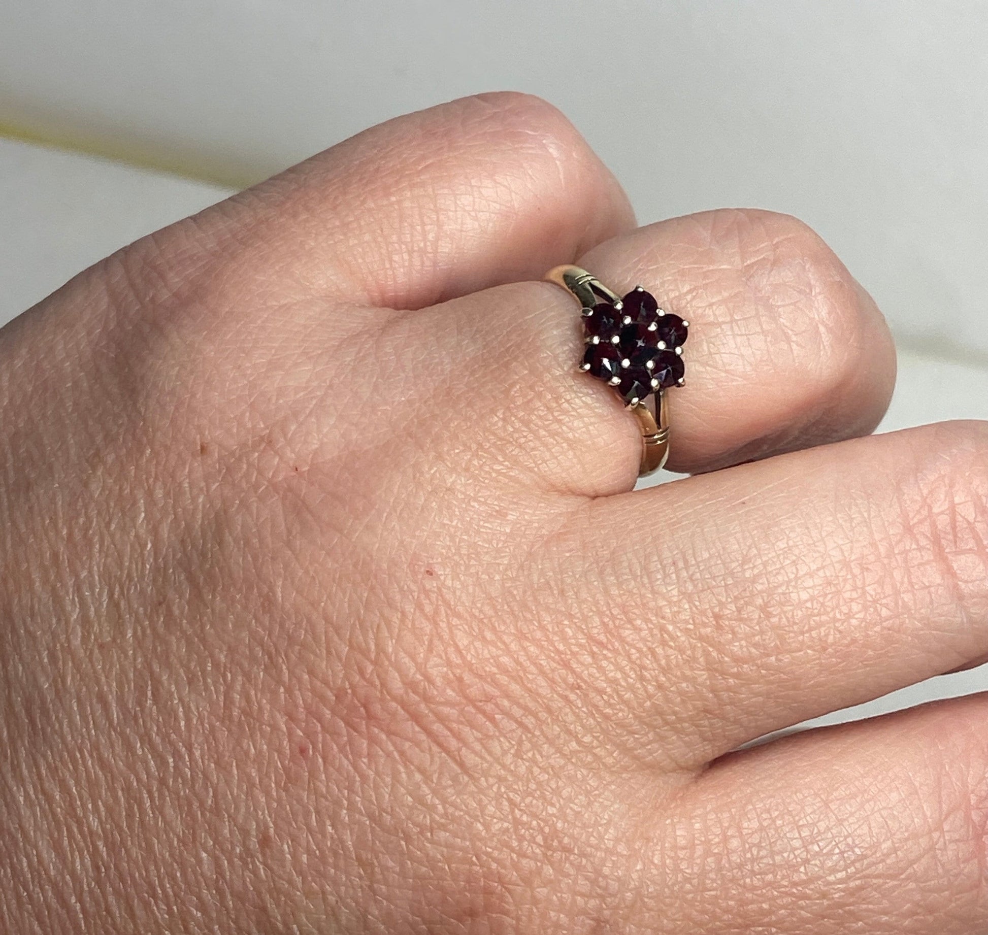 Bohemian rose cut garnet cluster daisy ring in solid 14k gold size 6.