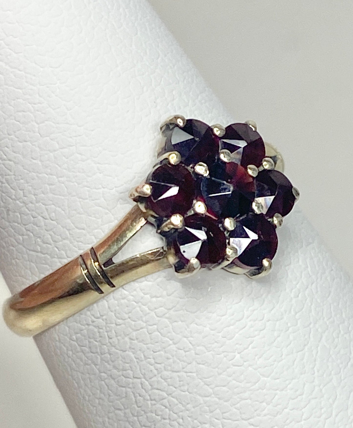 Bohemian rose cut garnet cluster daisy ring in solid 14k gold.