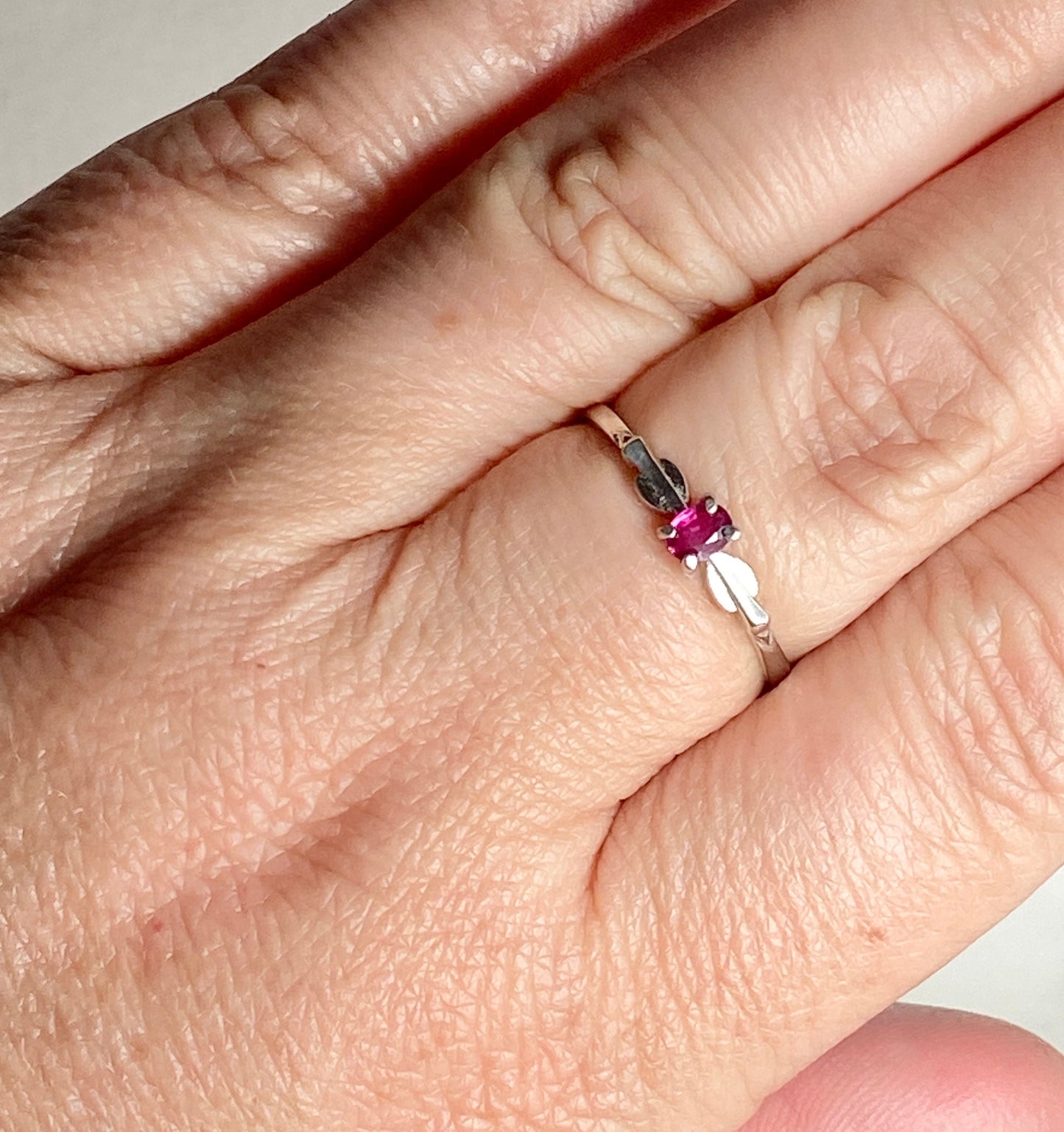 Petite Burmese ruby spade arrowhead ring in sterling silver.