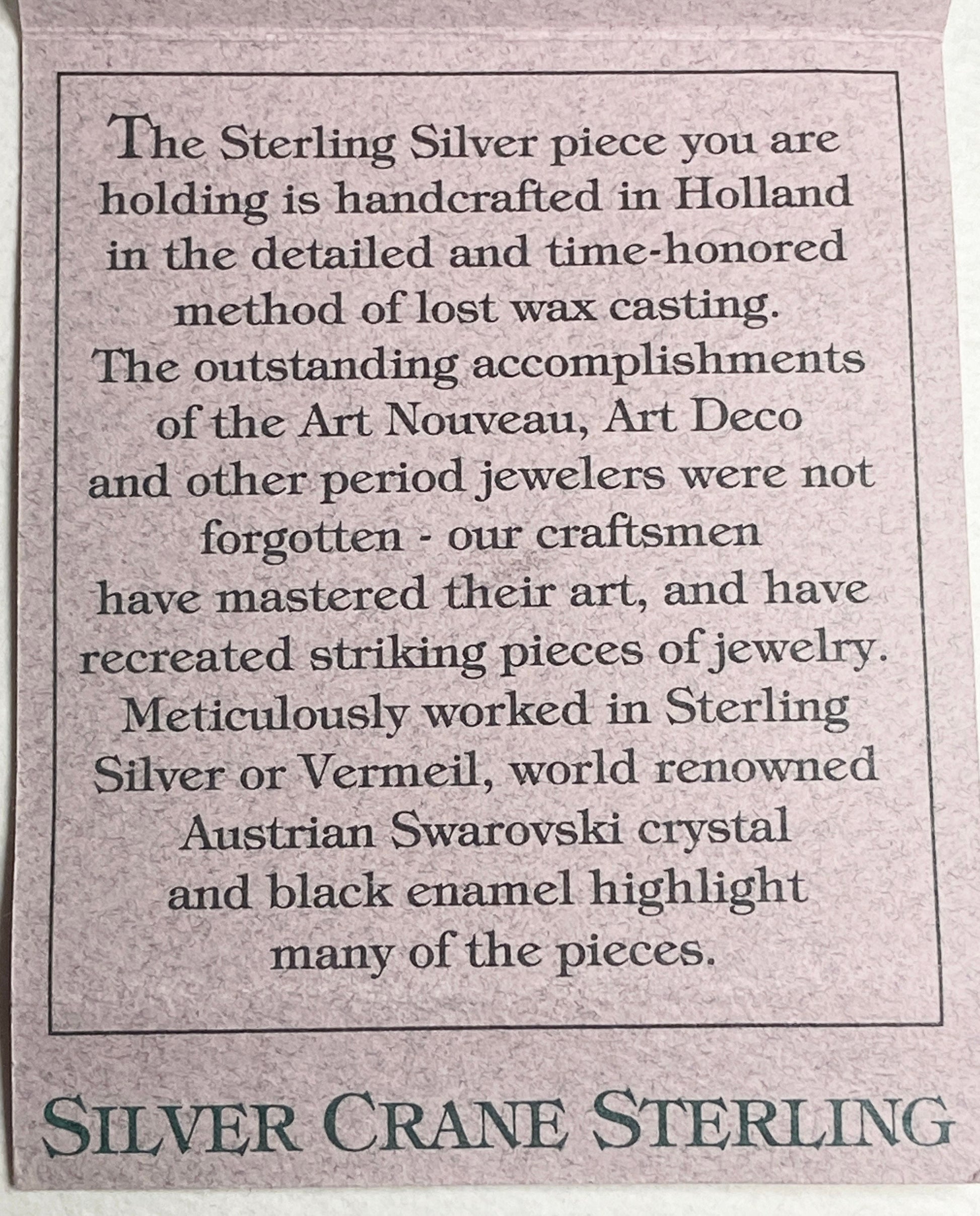 Silver Crane sterling silver brooch pendant handcrafted in Holland with Swarovski crystal.