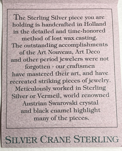 Silver Crane sterling silver brooch pendant handcrafted in Holland with Swarovski crystal.