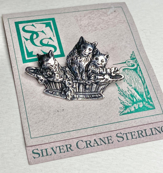 Sterling silver brooch pendant of three cats in a basket by Silver Crane.