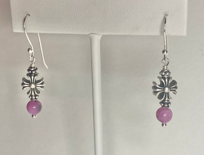 Sterling silver dangle earrings with pink sapphire beads and cross charms.