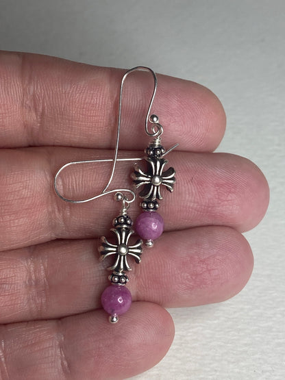 Sterling silver dangle earrings with pink sapphire beads and cross charms.