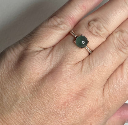 Untreated teal jadeite and diamond ring in 14k rose gold.