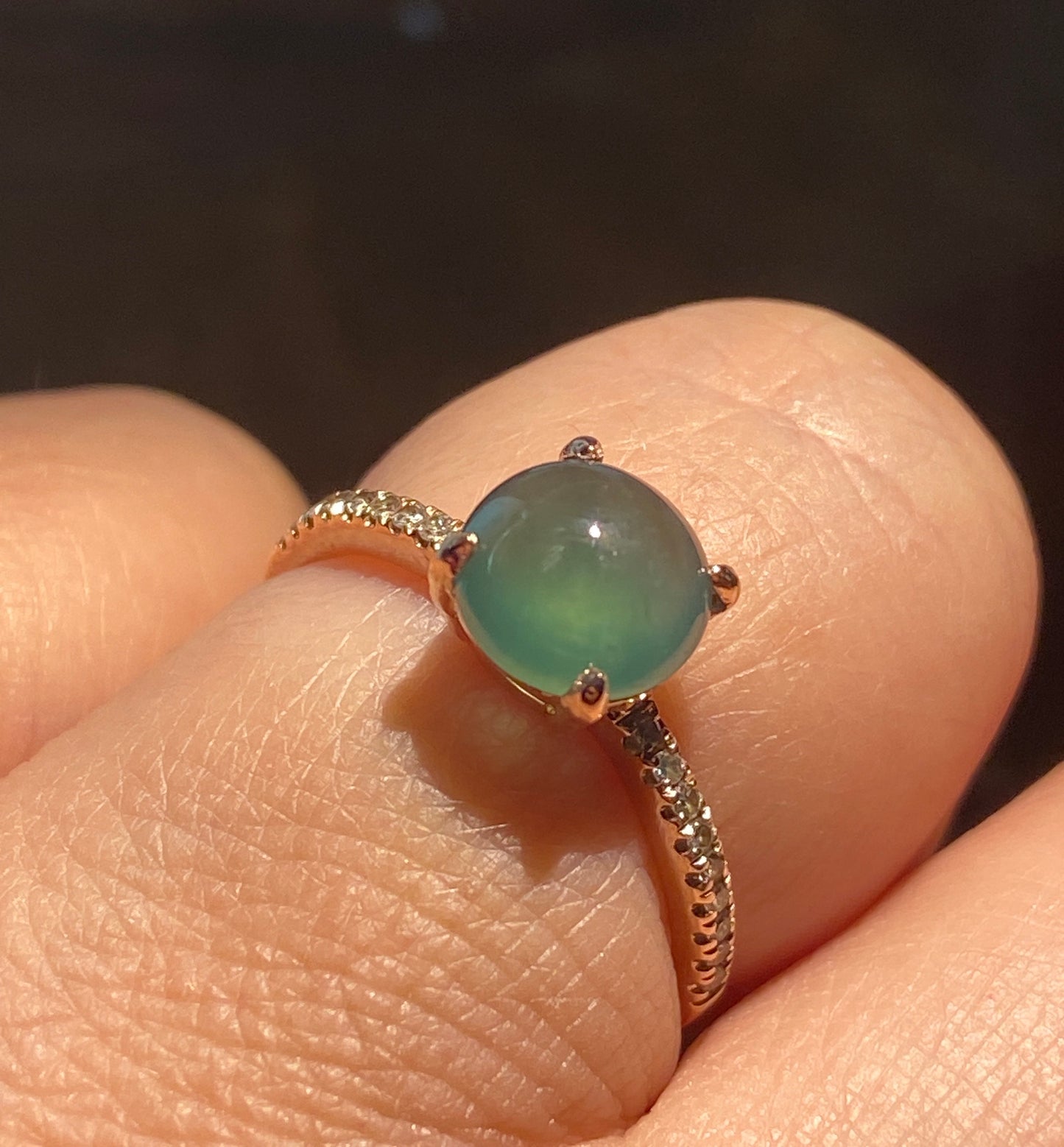 Untreated teal jadeite and diamond ring in 14k rose gold.