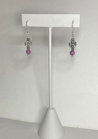 Sterling silver dangle earrings with pink sapphire beads and cross charms.