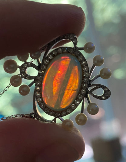 Edwardian platinum, gold, opal, pearl, and diamond brooch pendant necklace.