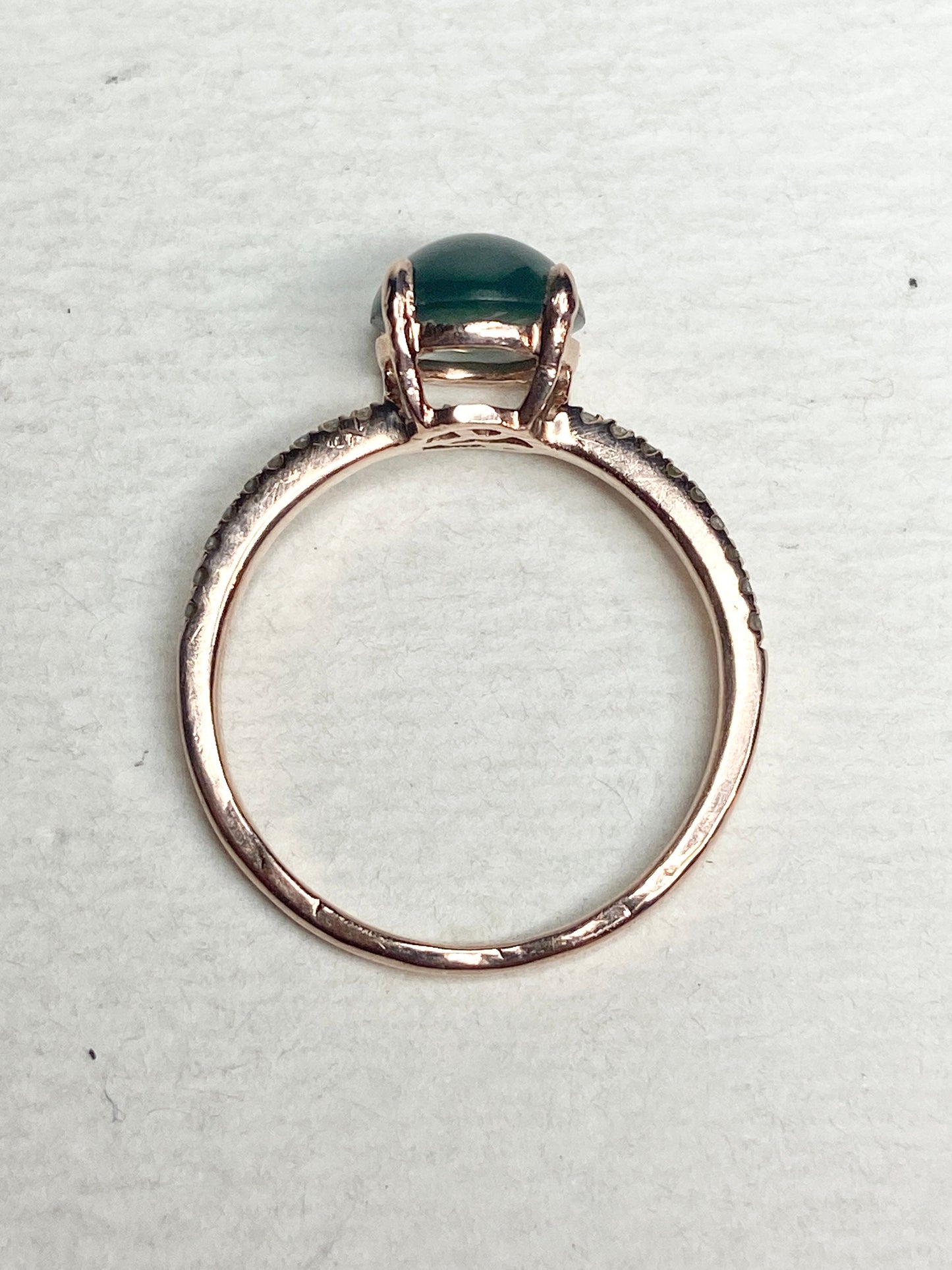 Untreated teal jadeite and diamond ring in 14k rose gold.