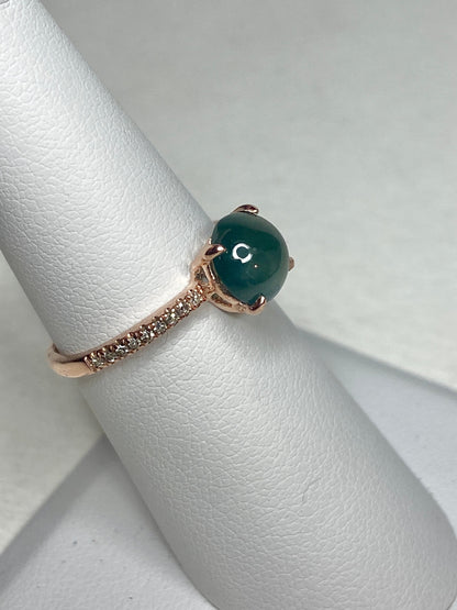Untreated teal jadeite and diamond ring in 14k rose gold.