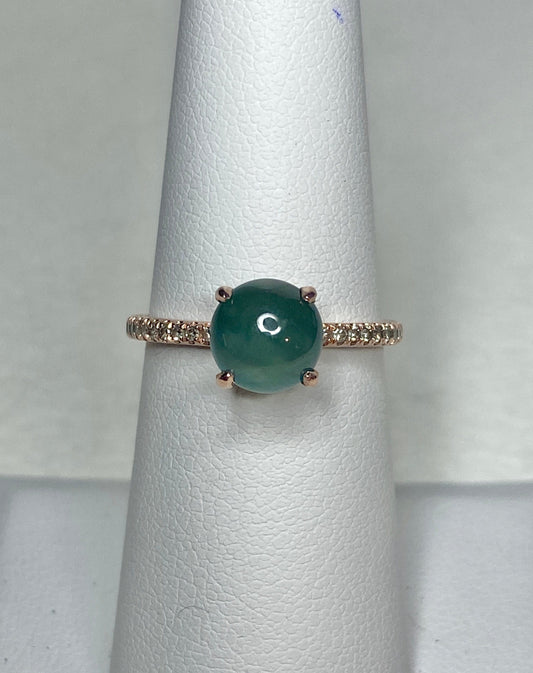 Untreated teal jadeite and diamond ring in 14k rose gold.