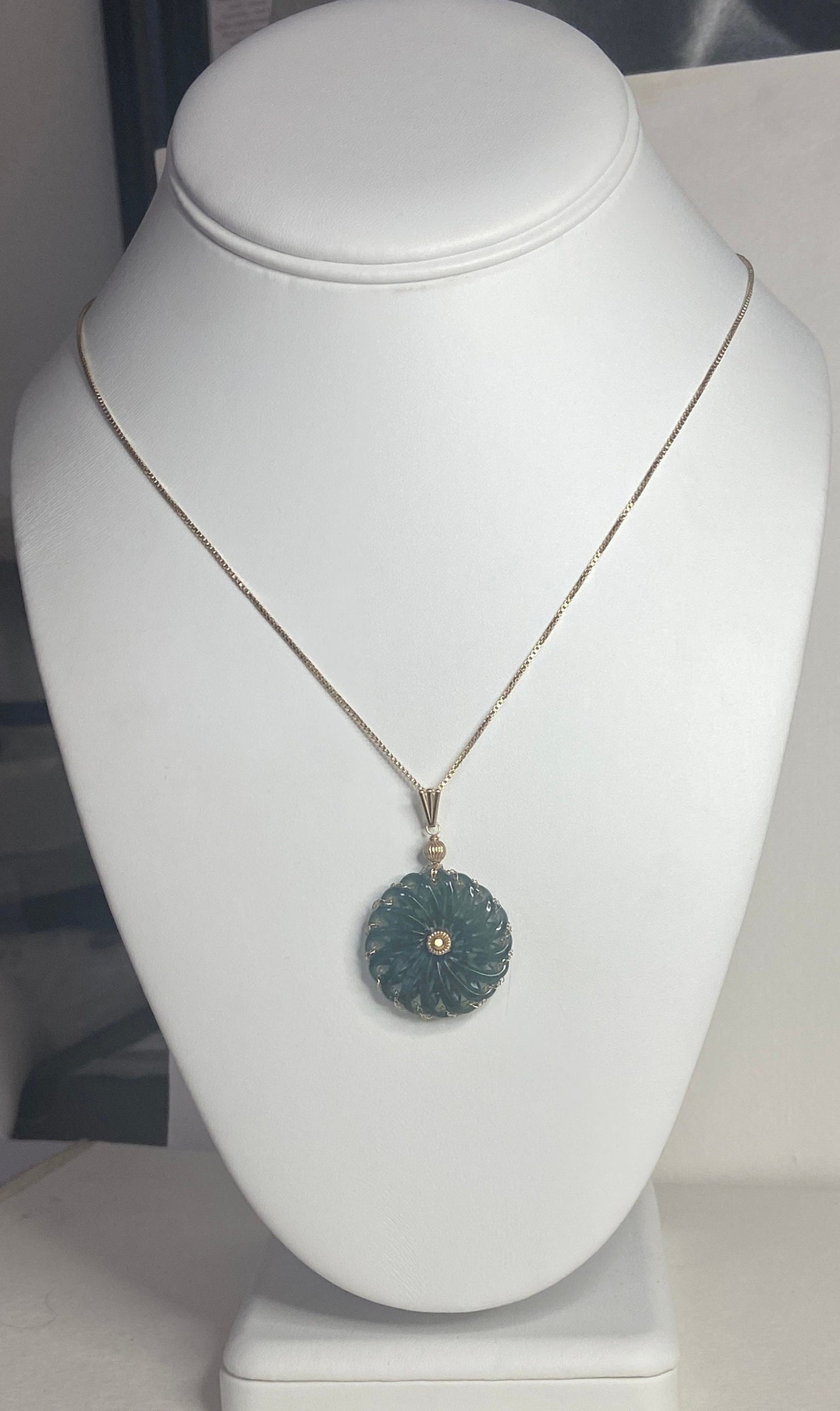 Omlec Guatemalan teal jadeite donut pendant with 14k gold bale.