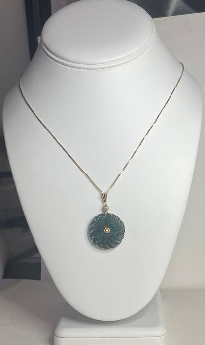 Omlec Guatemalan teal jadeite donut pendant with 14k gold bale.