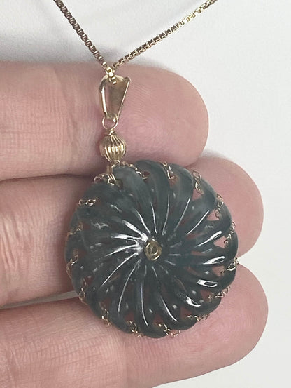 Omlec Guatemalan teal jadeite donut pendant in solid 14k gold.