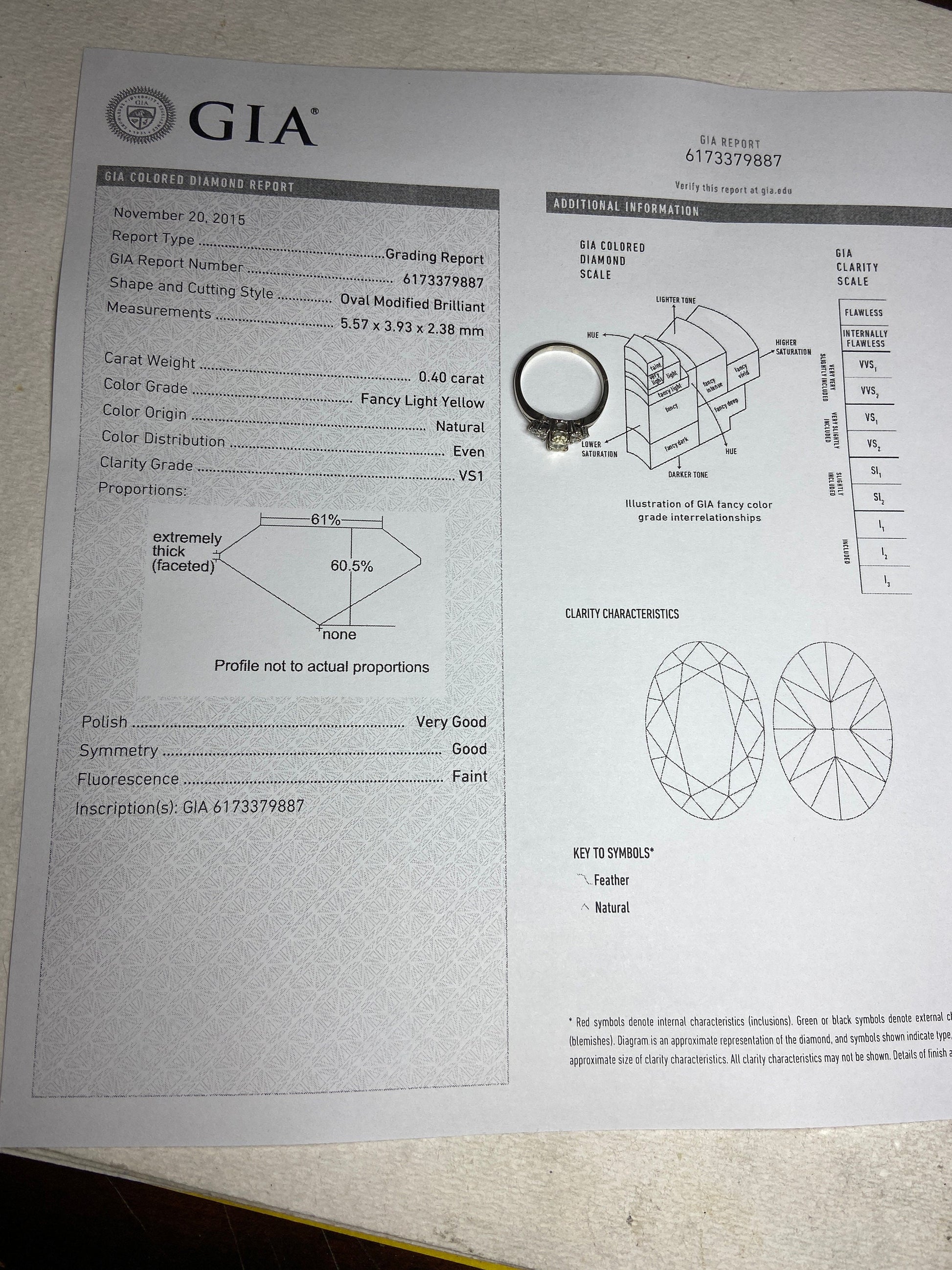 GIA report for a .40ct oval fancy light yellow diamond ring.
