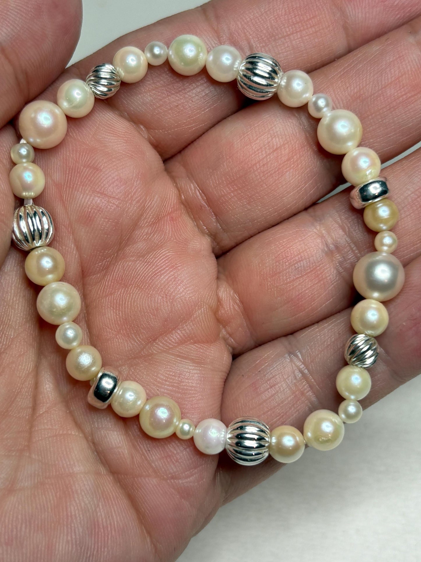 Vintage Akoya cultured pearl stretch bracelet with sterling silver beads.