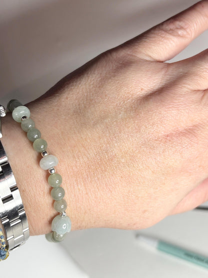 Natural Type A Icy Burmese Jadeite Jade Sterling Silver Stretch Bracelet with lotus bud bead.