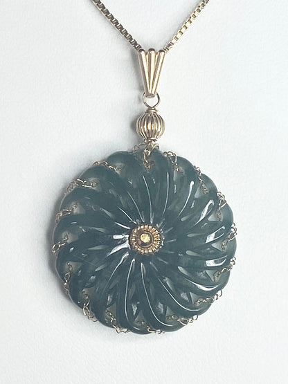 Omlec Guatemalan teal jadeite donut pendant with solid 14k gold accents.