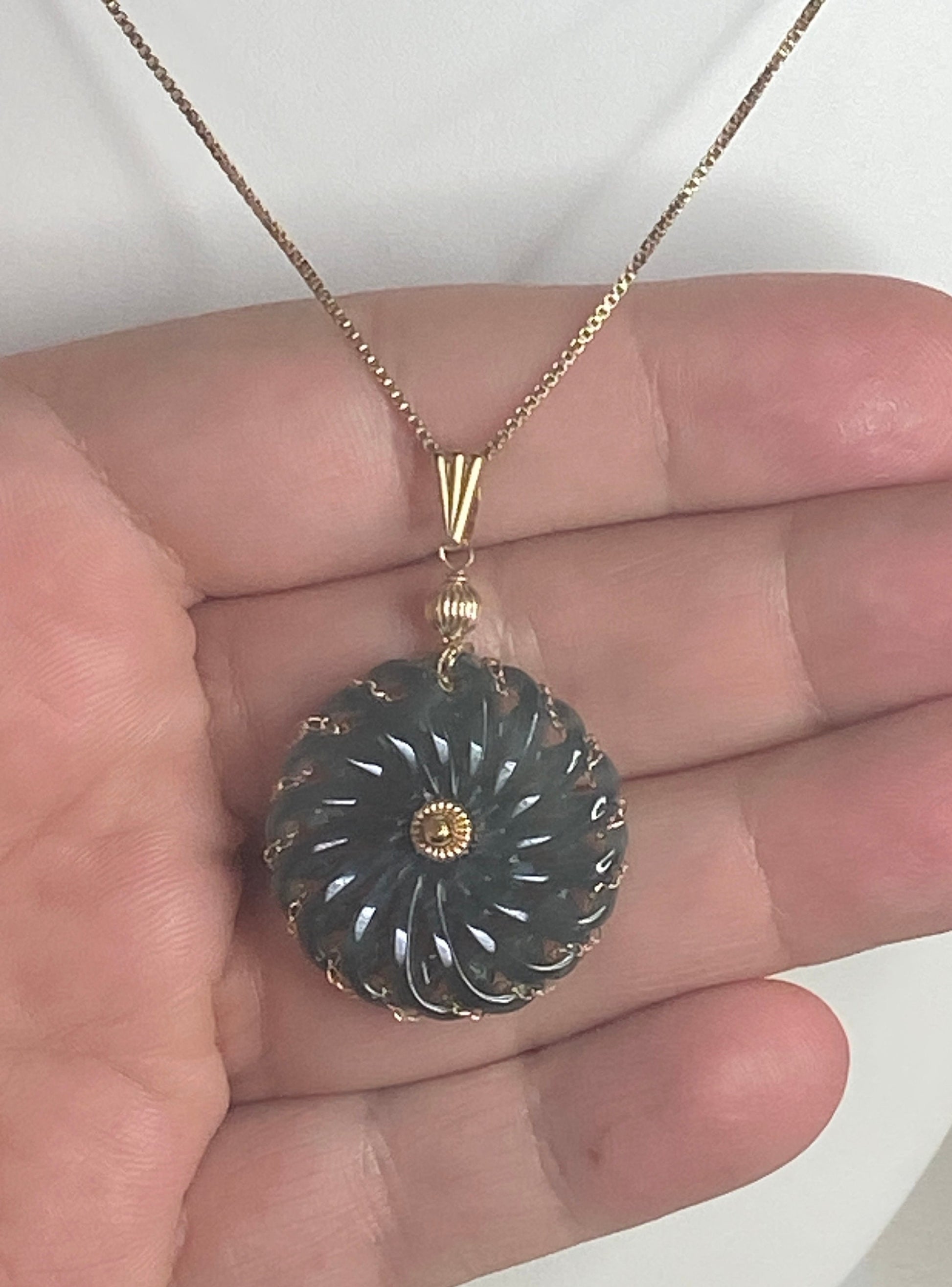 Omlec Guatemalan teal jadeite donut pendant in solid 14k gold.