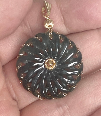 Guatemalan teal jadeite donut pendant with 14k gold accents.