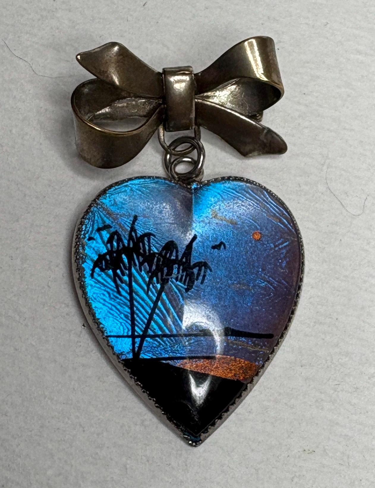 Antique Morpho Butterfly Heart Bow Brooch Pin