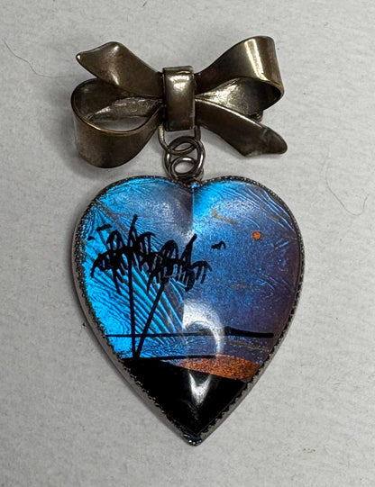 Antique Morpho Butterfly Heart Bow Brooch Pin