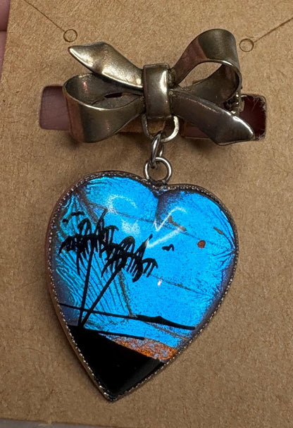 Antique Morpho Butterfly Heart Bow Brooch Pin