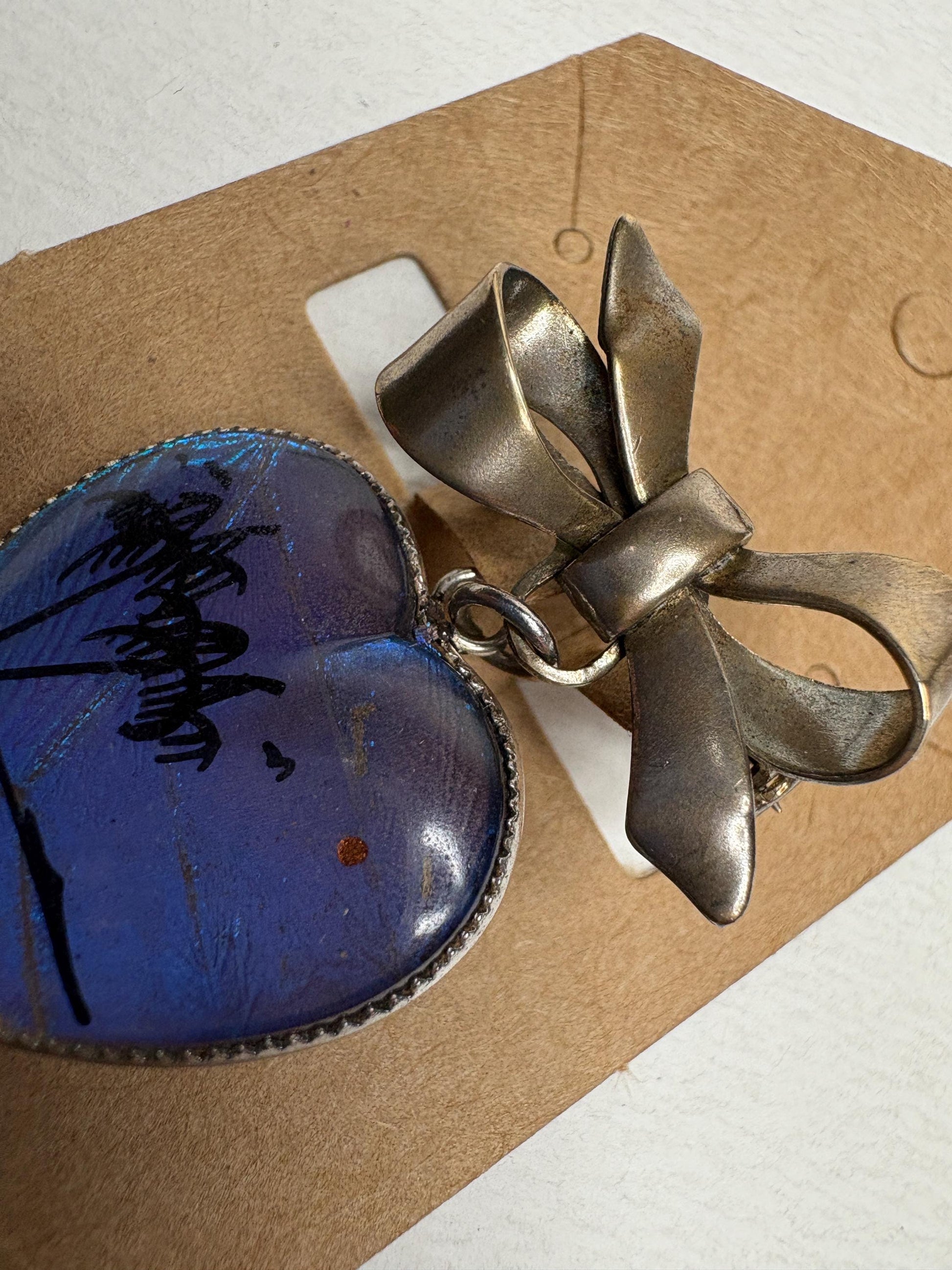 Antique Morpho Butterfly Heart Bow Brooch Pin