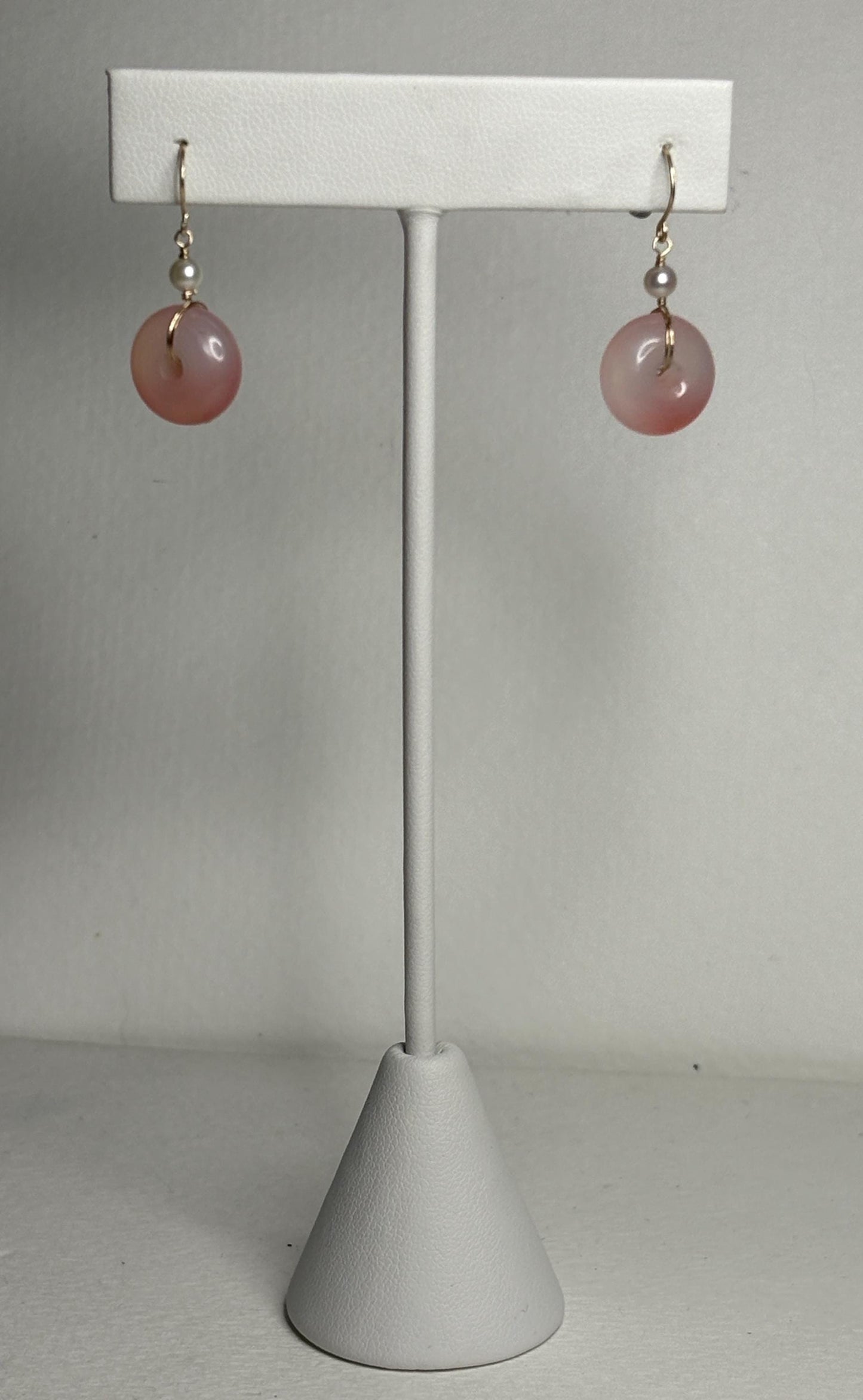 14k gold dangle earrings with pink ombre agate donuts and akoya pearls.