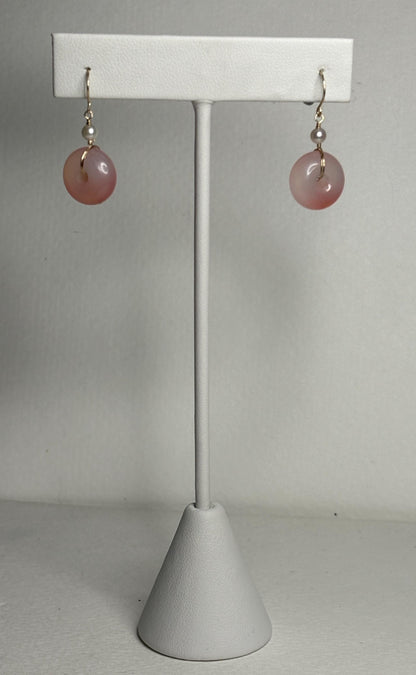 14k gold dangle earrings with pink ombre agate donuts and akoya pearls.