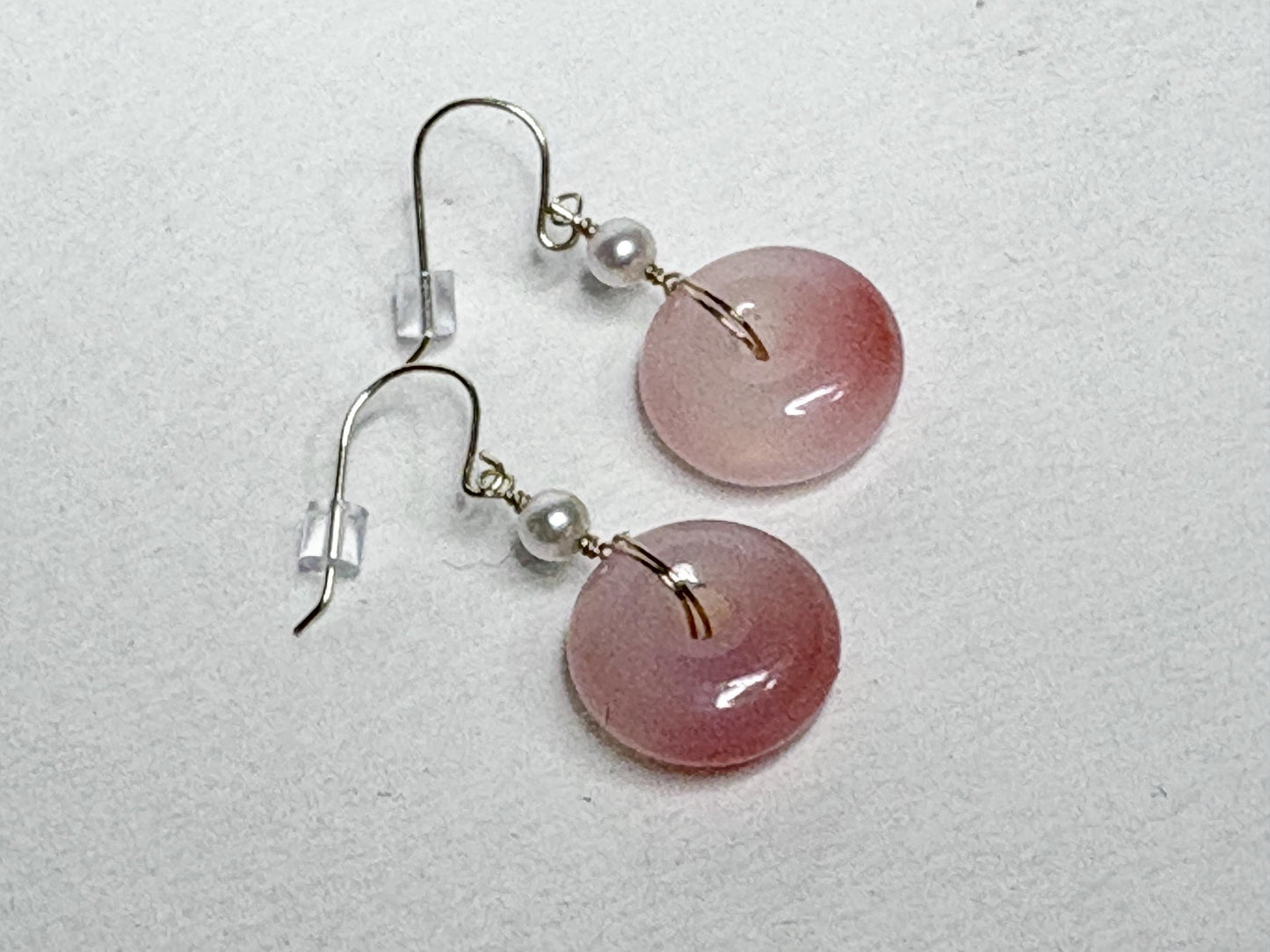 Natural pink ombre agate donut and Akoya pearl dangle drop earrings in 14k gold.