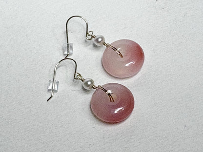 Natural pink ombre agate donut and Akoya pearl dangle drop earrings in 14k gold.