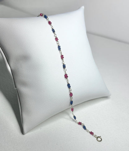 Dainty bracelet with blue sapphire and red spinel beads on 14k gold.