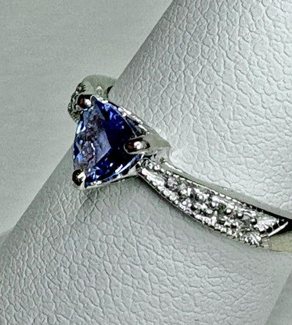 Tanzanite trillion heart ring with diamonds in 10k white gold.