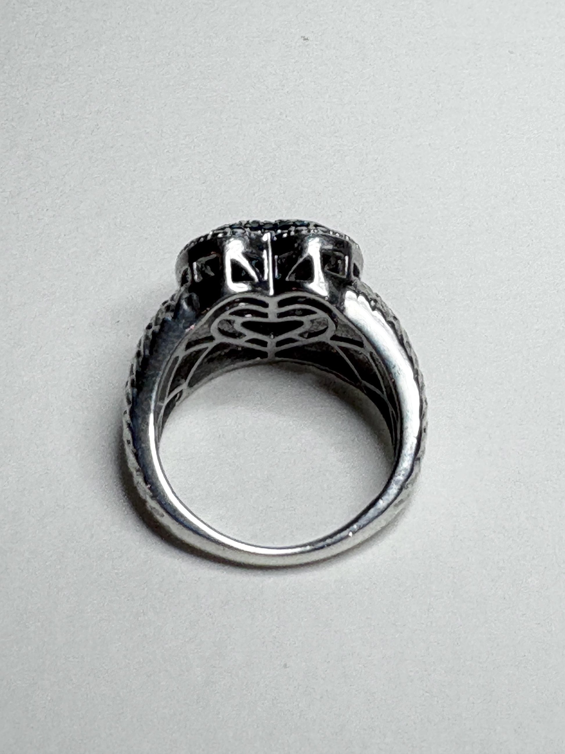 Sterling silver ring with pave blue diamonds in a heart shape.