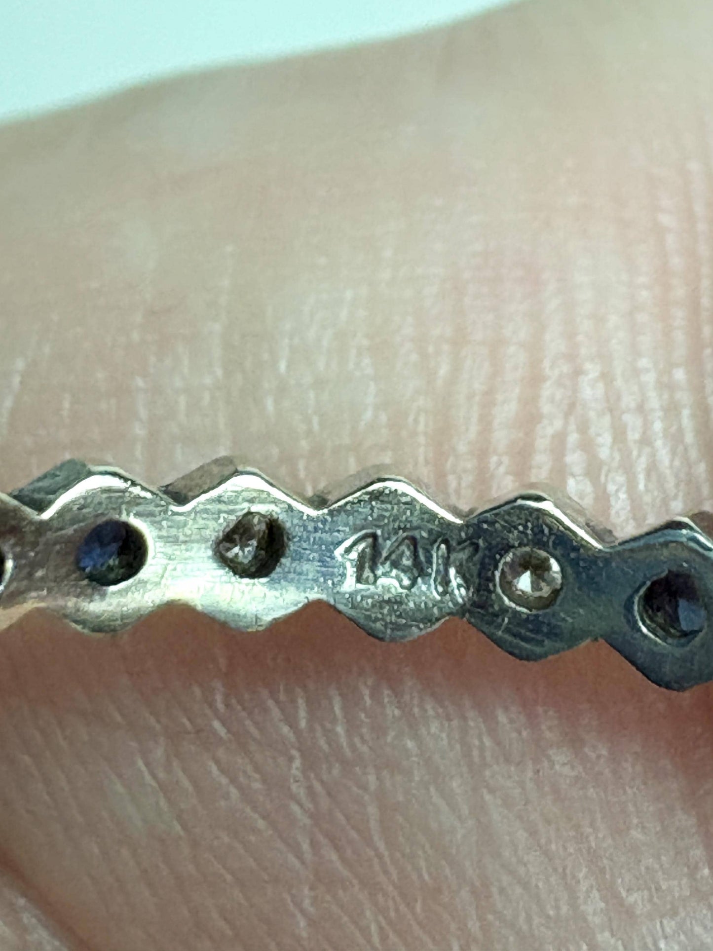 14k white gold band ring with sapphires and diamonds, size 9.