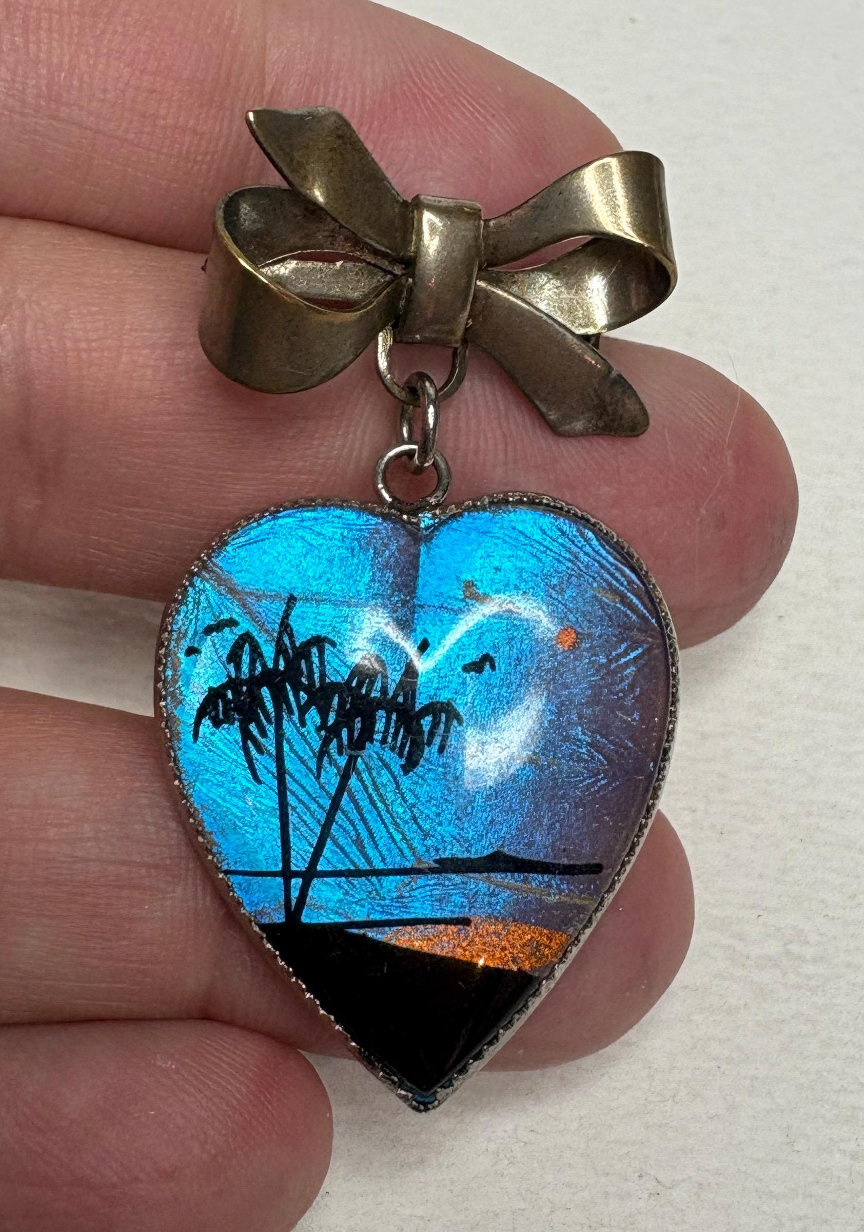 Antique Morpho Butterfly Heart Bow Brooch Pin