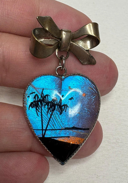 Antique Morpho Butterfly Heart Bow Brooch Pin