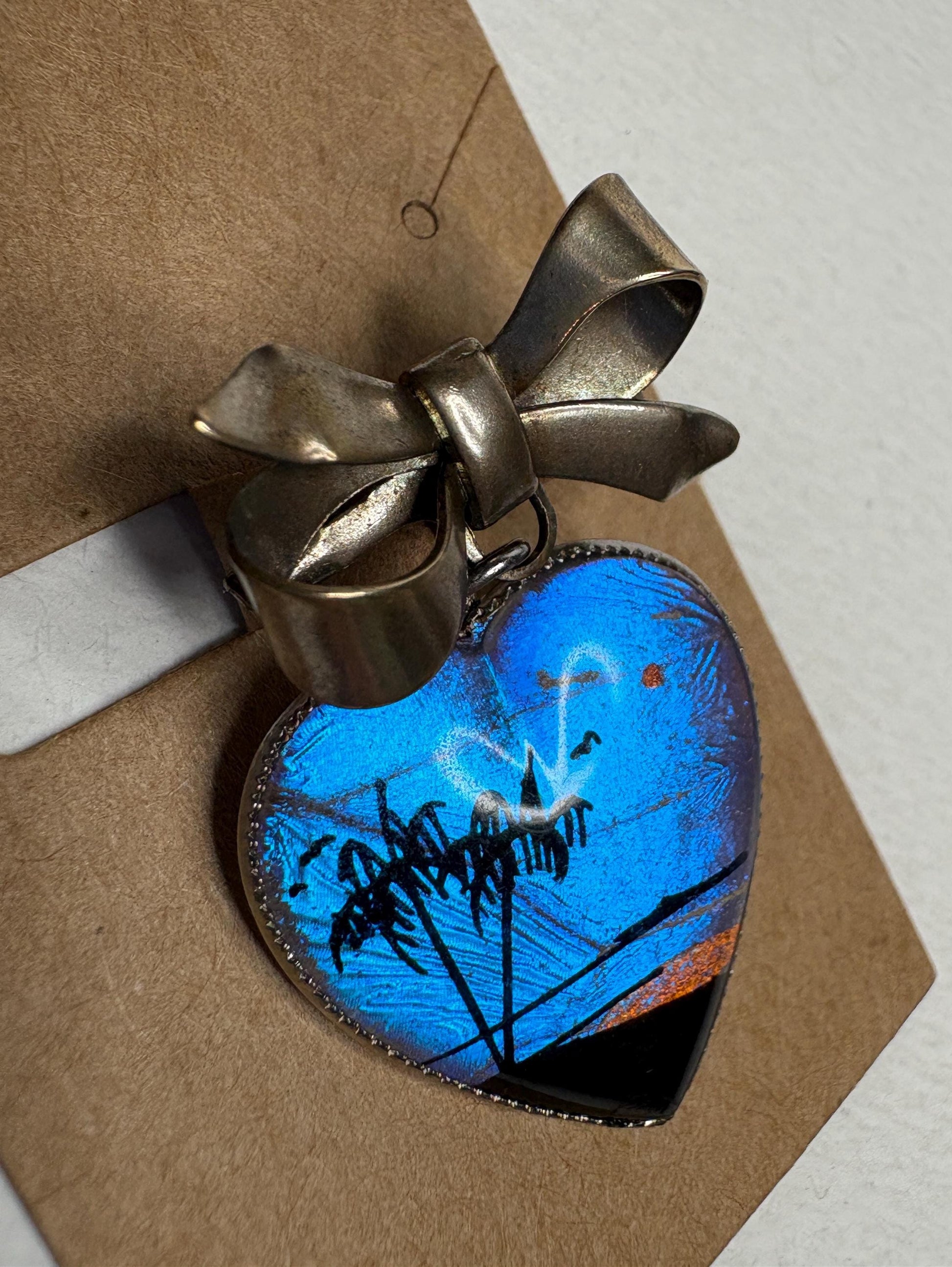 Antique Morpho Butterfly Heart Bow Brooch Pin