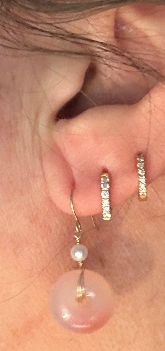 Natural pink ombre agate donut and akoya pearl dangle drop earrings in 14k gold.