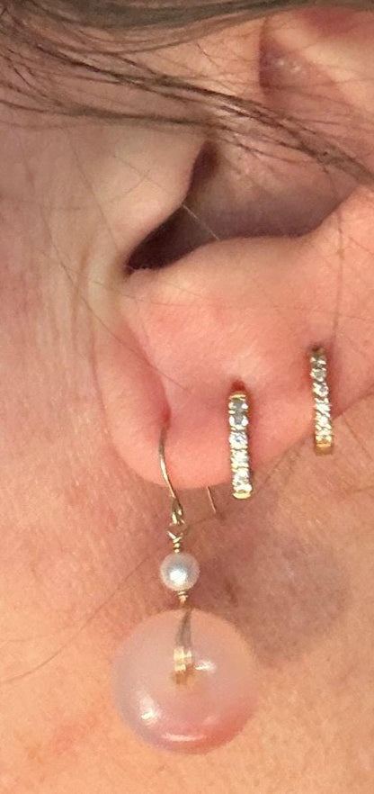 Natural pink ombre agate donut and akoya pearl dangle drop earrings in 14k gold.